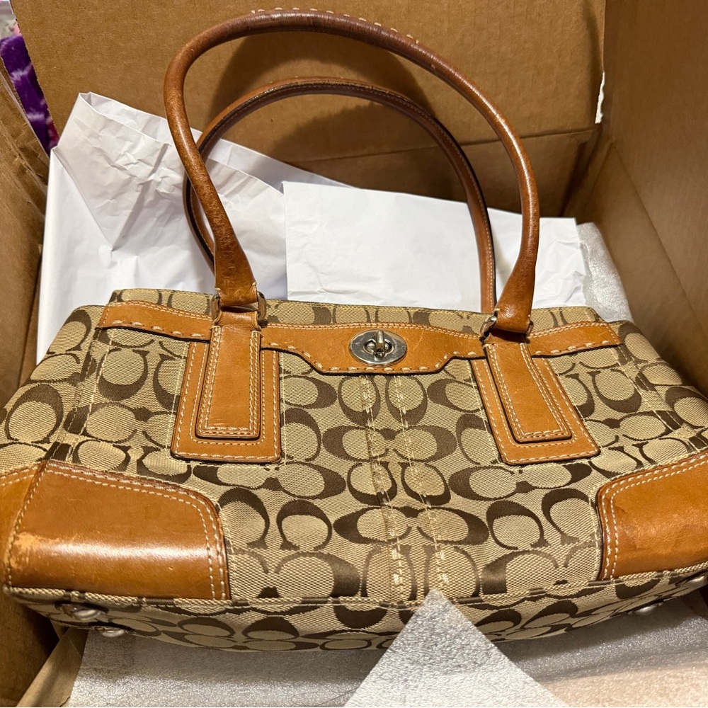 Coach Tan and Brown Signature Shoulder Bag